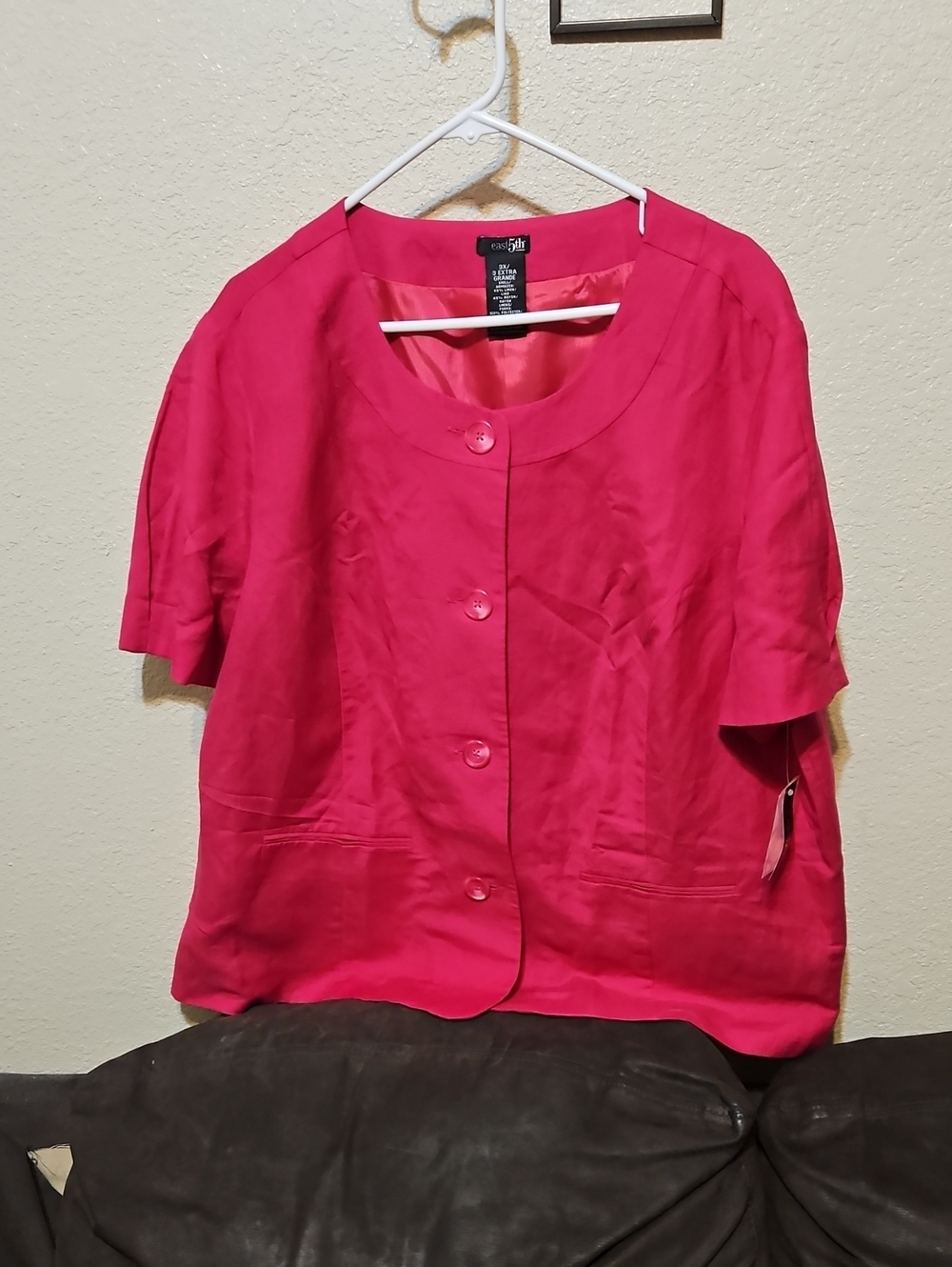 East 5th Bright Hot Pink Linen Blend Button-Front Short Sleeve Cardigan